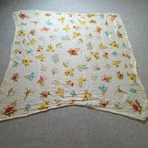 Vintage Floral Botanical Print Square Scarf Cream Yellow Blue Hand Rolled Edge